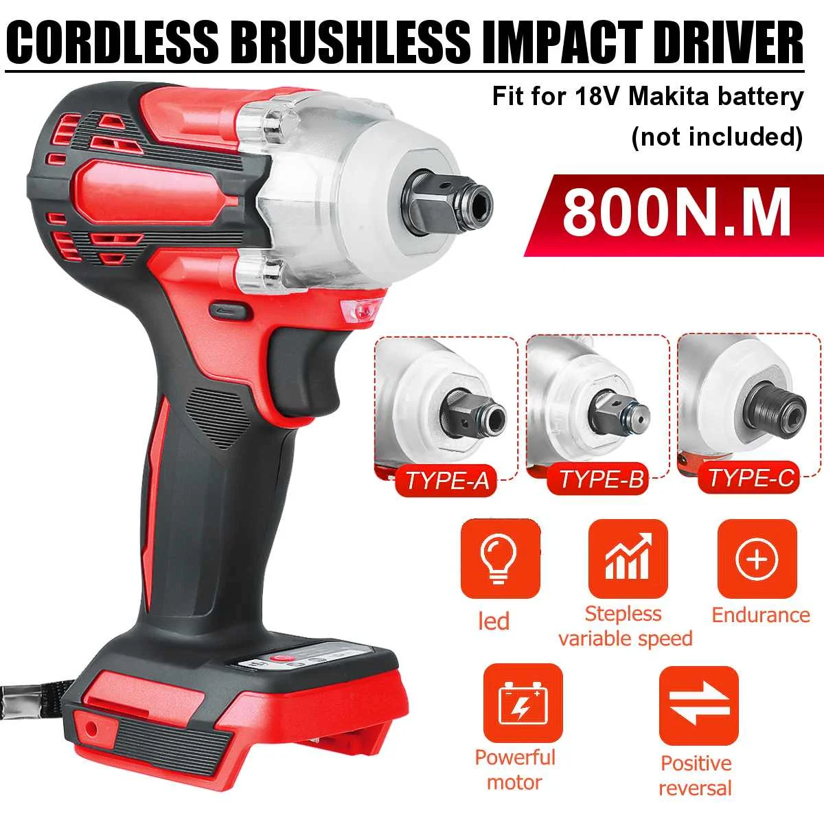 

2 in1 18V 800N.m. Li-Ion Brushless Cordless Electric 1/2" Electric Wrench 1/4"Screwdriver Drill Replacement for Makita Battery