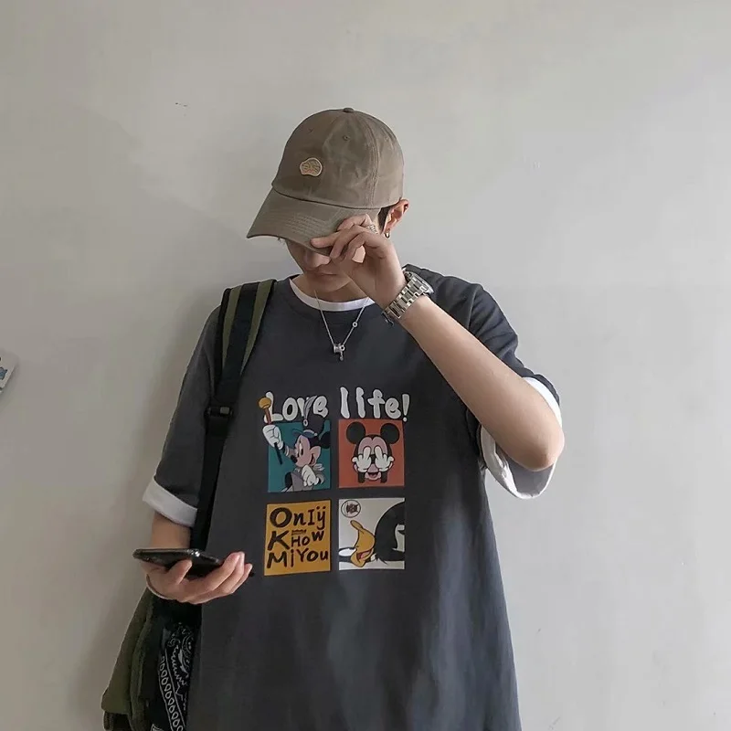 Disney Men T-shirt Summer Fashion Cartoon Mickey Anime Printed Short Sleeve Casual All Match Middle Top External Wear | Мужская одежда