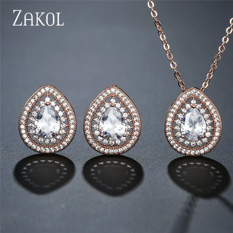ZAKOL Classic Micro Mosaic Cubic Zirconia Drop Stud Earrings Pendant Set Bridal Jewelry Women Wedding Anniversary Gift FSSP3028 | Украшения