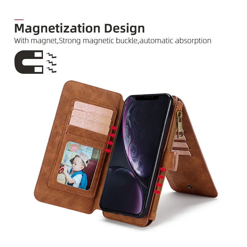 Роскошный многофункциональный кожаный чехол-кошелек для iPhone 6, 7, 8, металлическая молния, XS, XR, съемный чехол для iPhone x