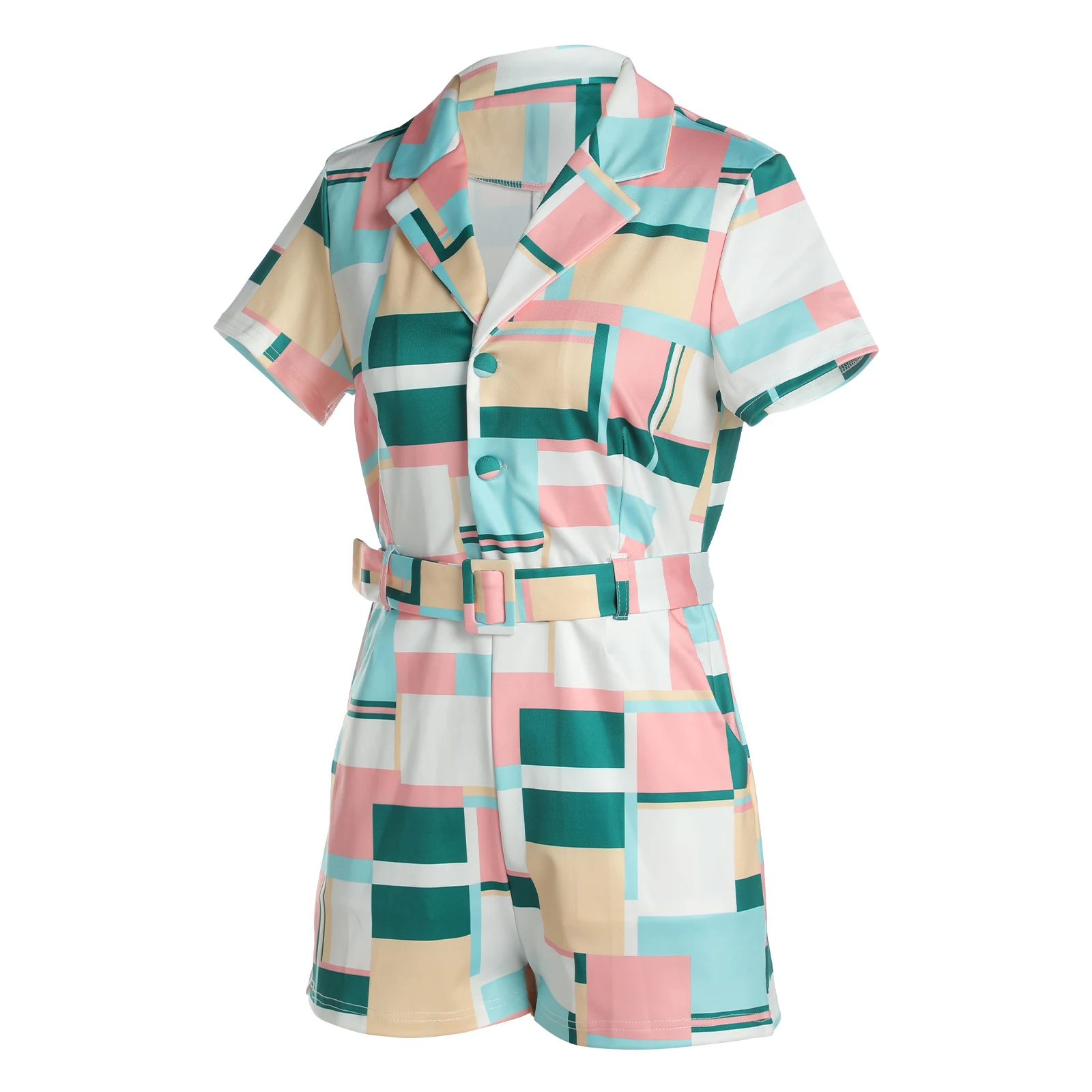 

Fashion Color Block Playsuit Tailored Collar Short Sleeve Romper with Waist Belt Sexy Women Casual Streetwear Breathable Outfit