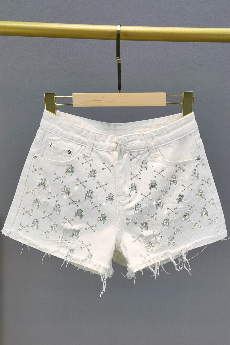 

White Hole Denim Shorts Women's 2021 Summer High Waist Loose Slimming Jeans Female Drilling Wide Leg Hot Pants