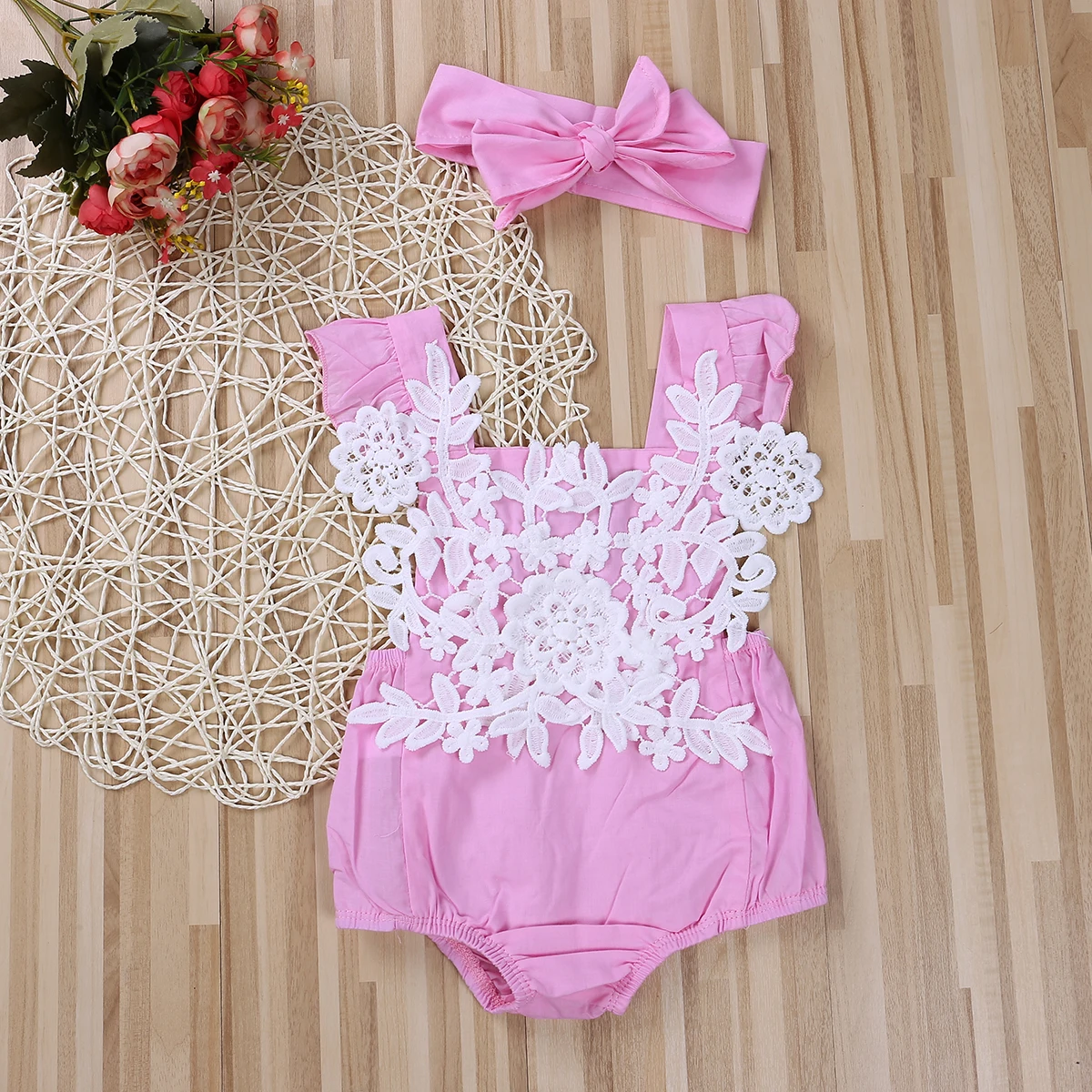 Летний розовый кружевной комбинезон принцессы без рукавов с цветочным рисунком