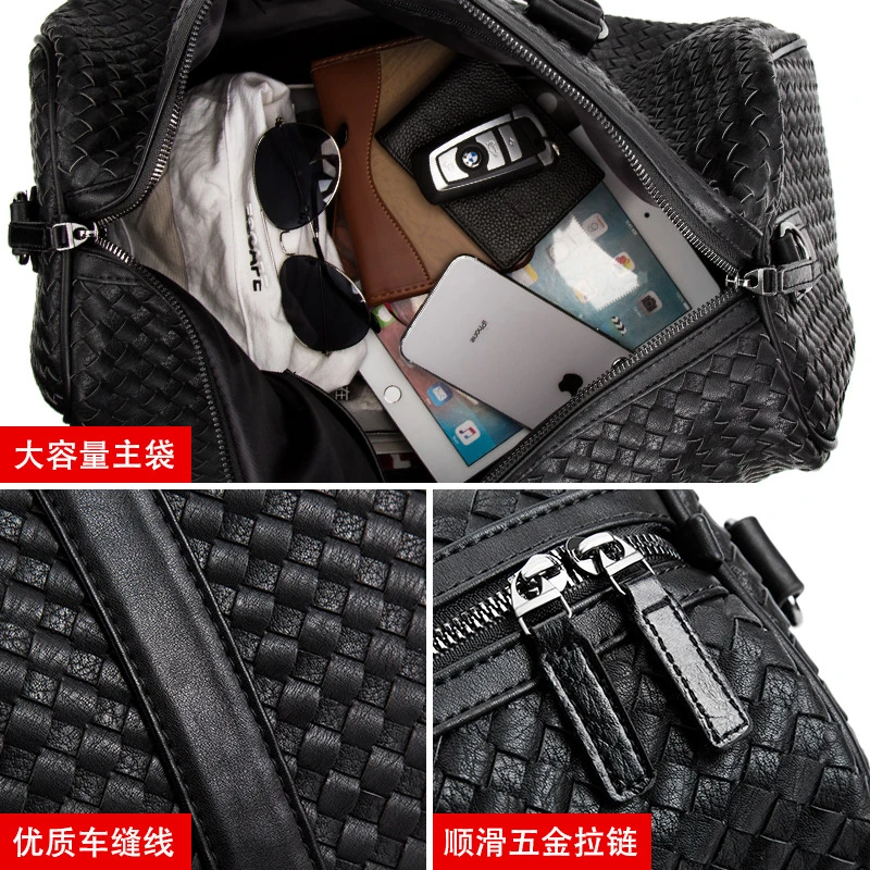 

Fashion large capacity hand knitting pu leather travel bag men women soft black pu casual travel duffel leather shoulder bag