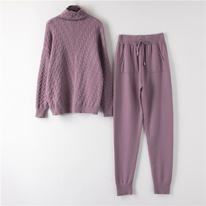 H01-Bean purple Водолазка, пуловер, свитера, трикотажные штаны, костюм из двух частей, комплекты для женщин на осень и зиму, теплый вязаный спортивный костюм, женский спортивный костюм - Цвет: H01-Bean purple