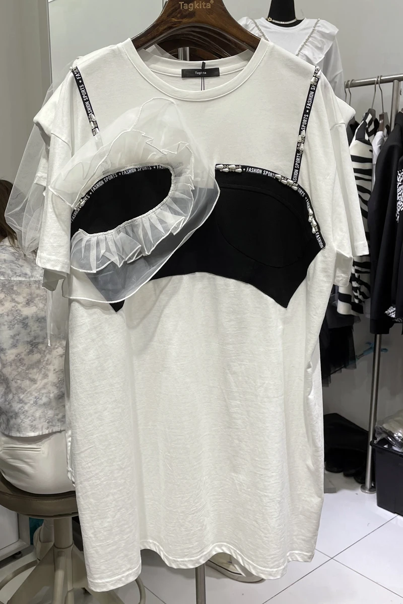 

Europe 2021 Summer New Mesh Stitching Contrast Beaded Loose Wild Long T-shirt Female