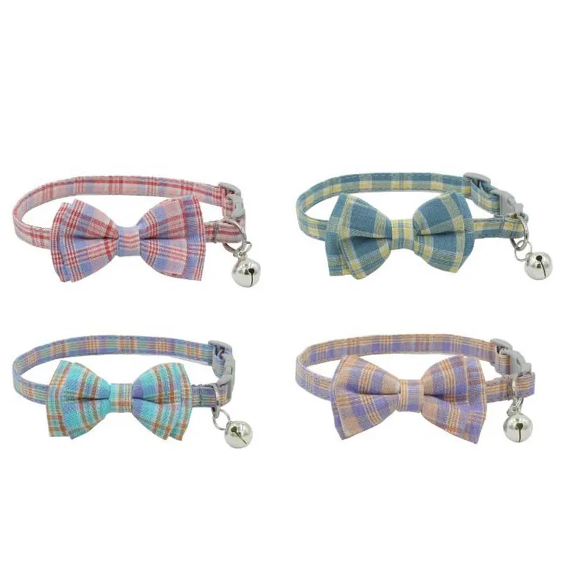 

Клетчатый ошейник для домашних животных, регулируемый нейлоновый ошейник с бантом и колокольчиком, для маленьких и средних собак, питбуля, ...