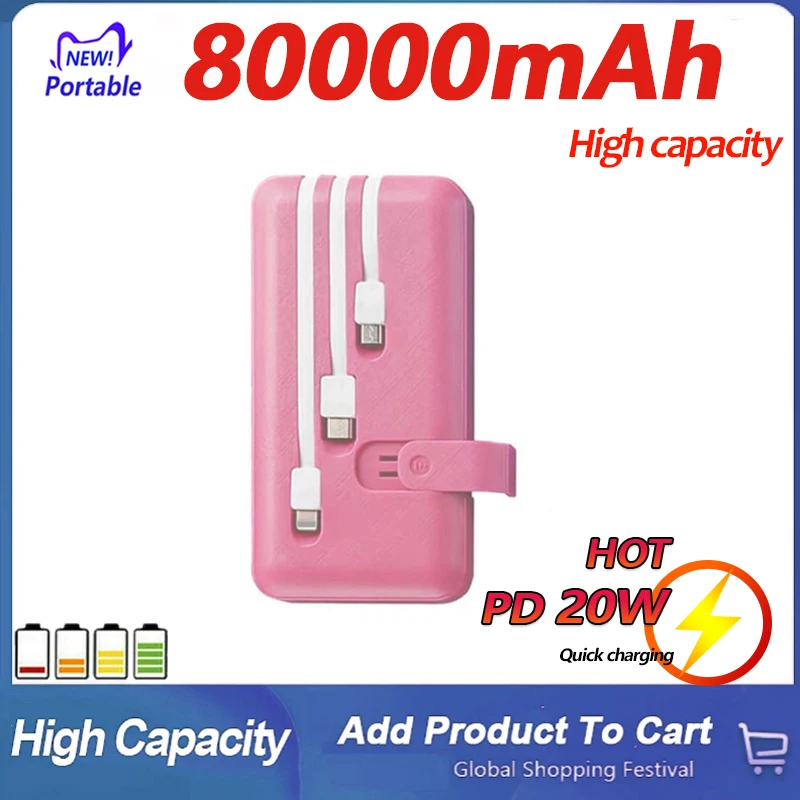 

80000mAh Own Line Power Bank Portable Mobilephone Charger High Capacity Fast Charging External Battery for Xiaomi iPhone Samsung