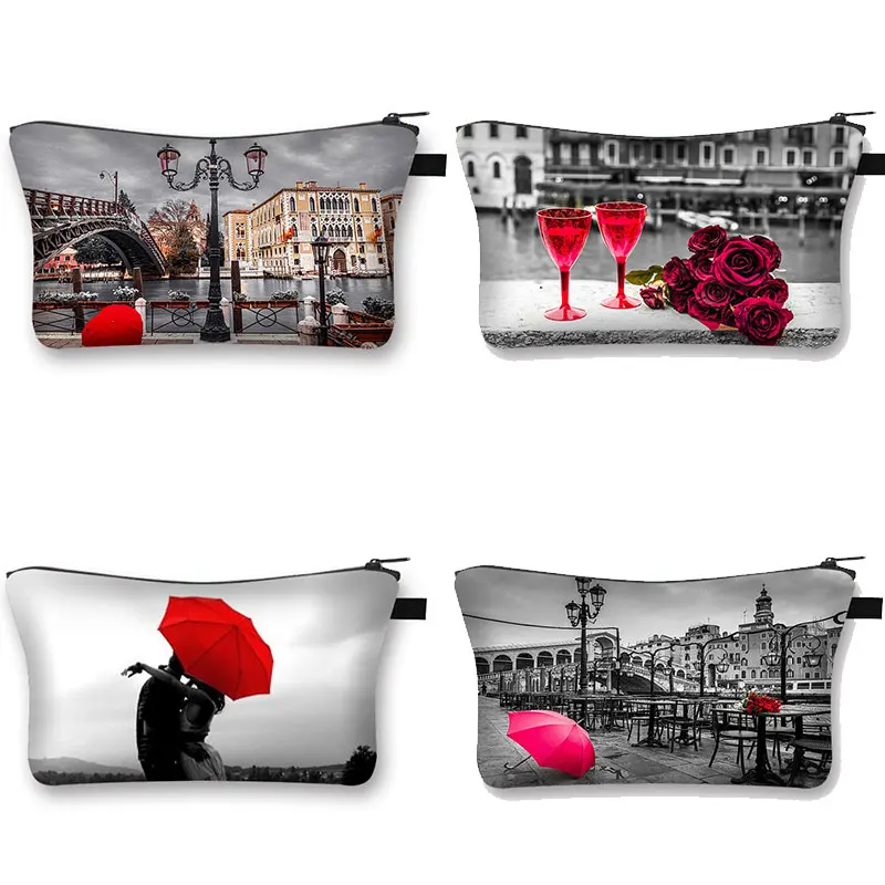 

Red&Black Series Cosmetic Case Woman Red umbrella large capacity Umbrella storage bag Rose ladies Make up Bags
