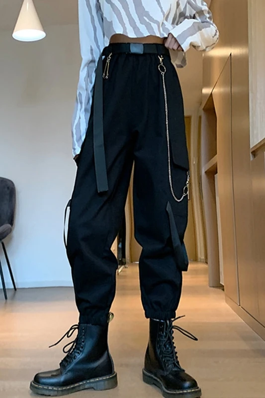 

Black Cargo Pants Women's High Waist Ankle-Tied Trousers Spring and Autumn Korean Casual Pants Bfstyle Chain Ankle-length Pants