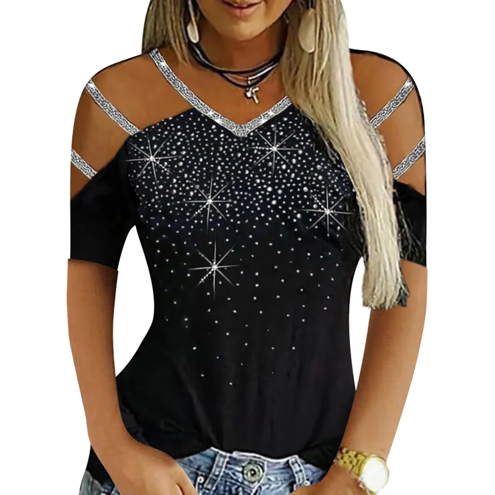 

Diamend Print Sequins T Shirt For Women Short Sleeve V Neck Hollow Out Ladies Tops Pullover Camisetas Mujer Clothes Woman Tshirt