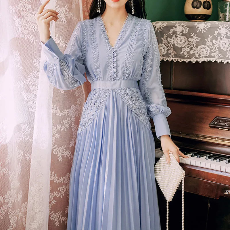 

2020 Spring Summer Women Maxi Party Dress Ladies Long Sleeve Lace Crochet Elegant Lady Vintage Long Pleated Dress Robe Femme