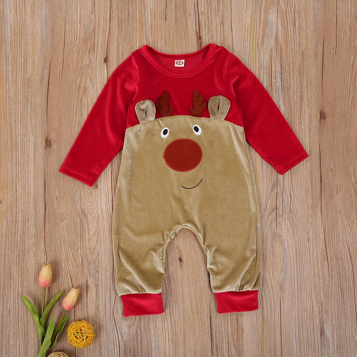 

WenaZao Infant Toddler Baby Girls Boys Long Sleeve Jumpsuit Cartoon Christmas Elk Patch Stitching One Piece Romper Xmas Clothes