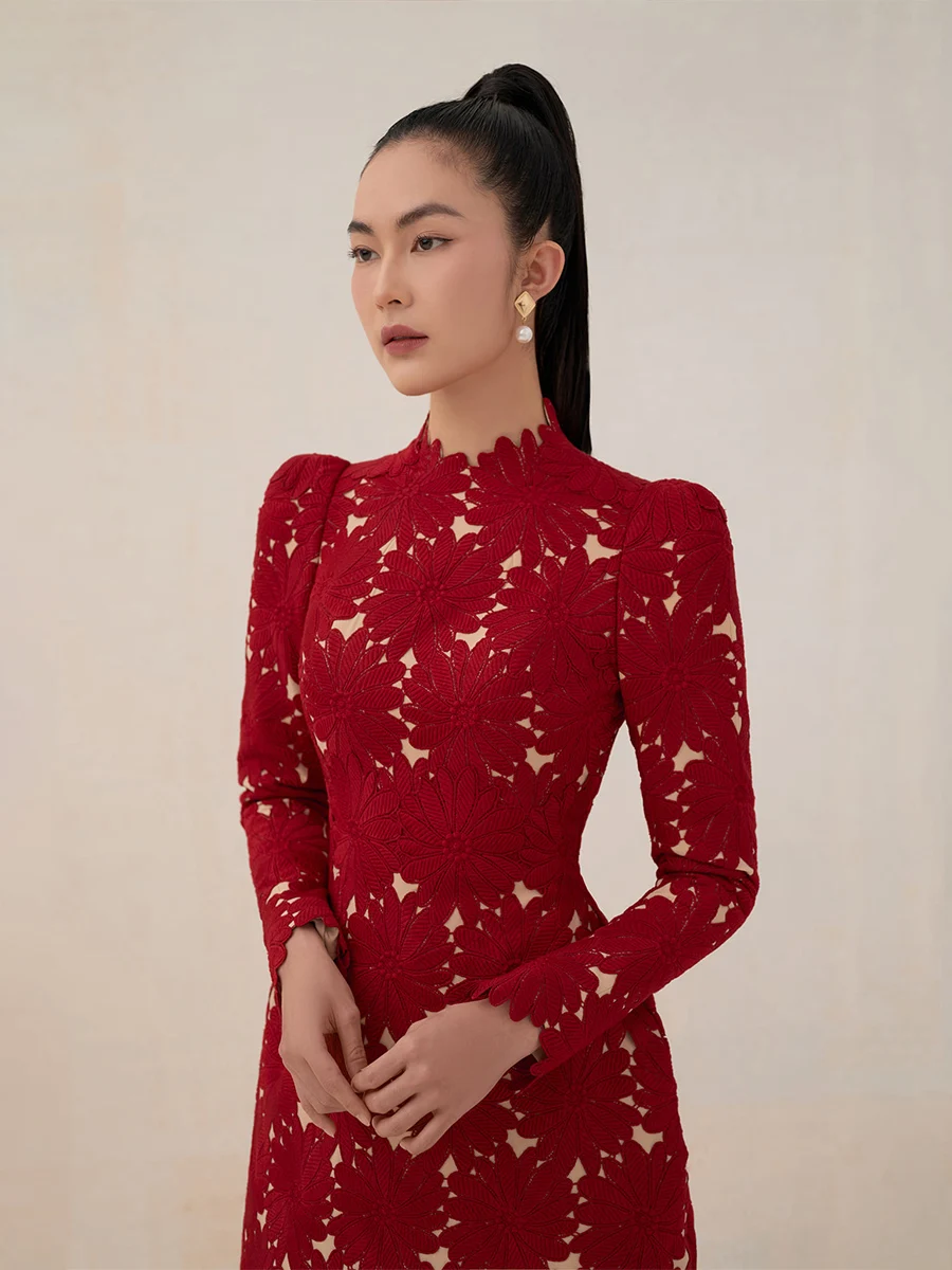 

tailor shop little red lace dress female luxury dress Semi-Formal Dresses princess dress red dress with nude color lining dress