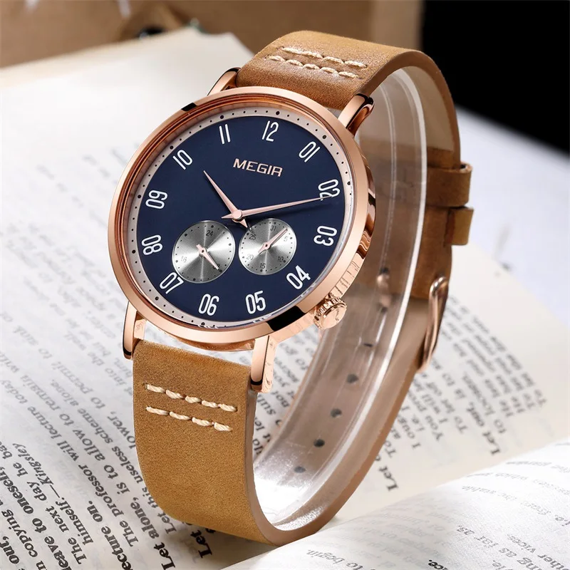 

MEGIR New Fashion Men's Sports Quartz Watch Leather Calendar Luminous Waterproof Chronograph Watch Luxury Personality 1083G