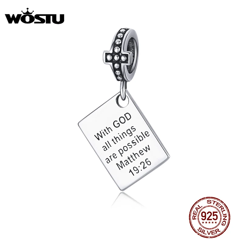 WOSTU 925 Sterling Silver Bible Charms With God all things are possible matthew Religion Beads Fit Bracelet Jewelry CQC1424