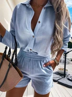 2021 new fashion two piece summer women casual suit sets long sleeve work wear button design casual shirt shirred shorts set