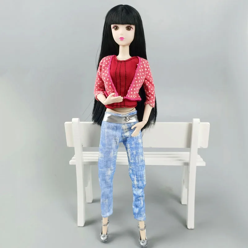 1Set Pink Polka Coat Red Vest Denim Pants Handmade Clothes For Barbie Doll Outfits for 1:6 BJD Dollhouse 1/6 Accessories | Игрушки и