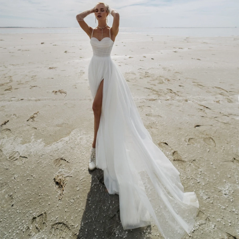 

Пляжное свадебное платье RANMO 2022, облегающее платье с бусинами на тонких бретелях, платье невесты без рукавов, плиссированное свадебное плат...