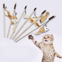 cartoon pet cat teaser toys feather wood rod mouse toy with mini bell cat catcher teaser wooden stick cat interactive toys