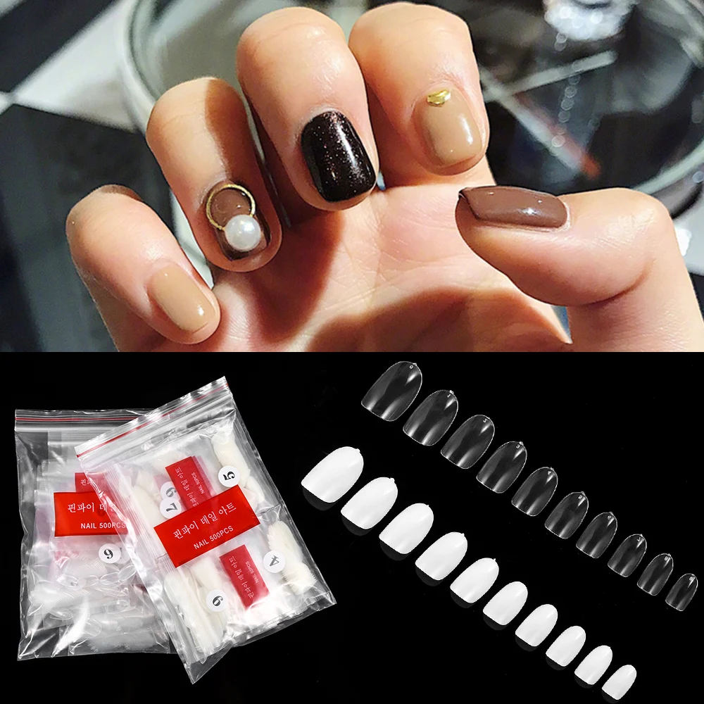 10 размеров эллипс Короткие Прозрачные натуральные французские накладные ногти с