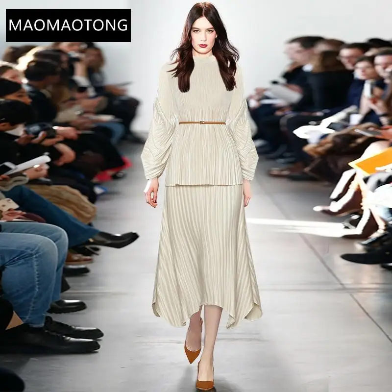 

Fashion Designer Suit Spring Summer Women Lantern Sleeve Loose Lace-up Tops+ Asymmetrical Skirt Pleated Two-piece Set