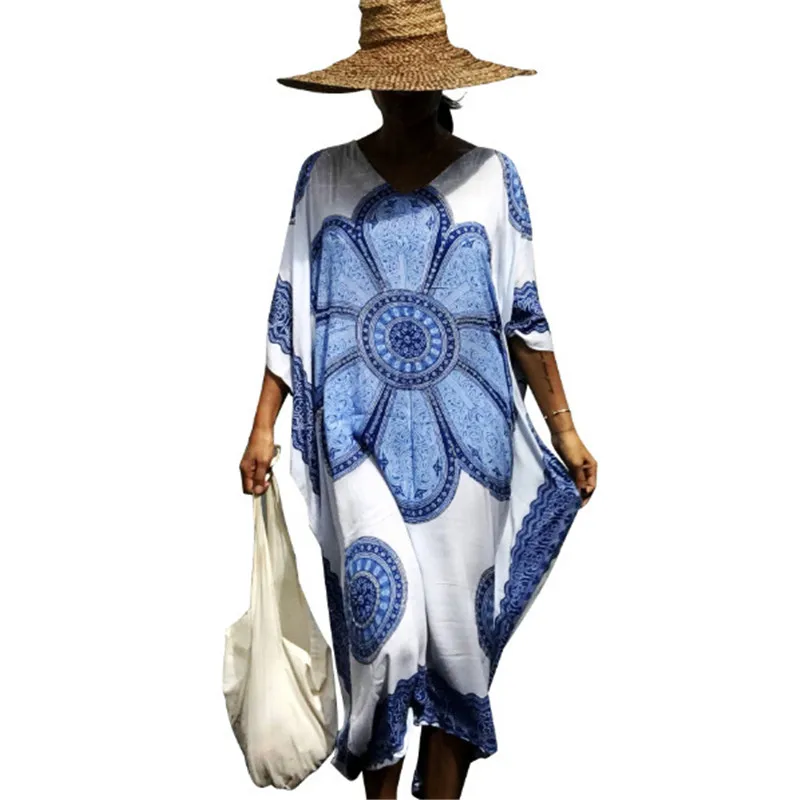 Женское летнее пляжное платье хлопок этнический принт кафтан макси 2020 свободное