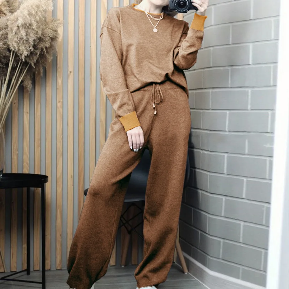 

Женский трикотажный брючный костюм с драпировкой и широкими штанинами, зимний теплый комплект из двух предметов, женские комплекты, спорти...