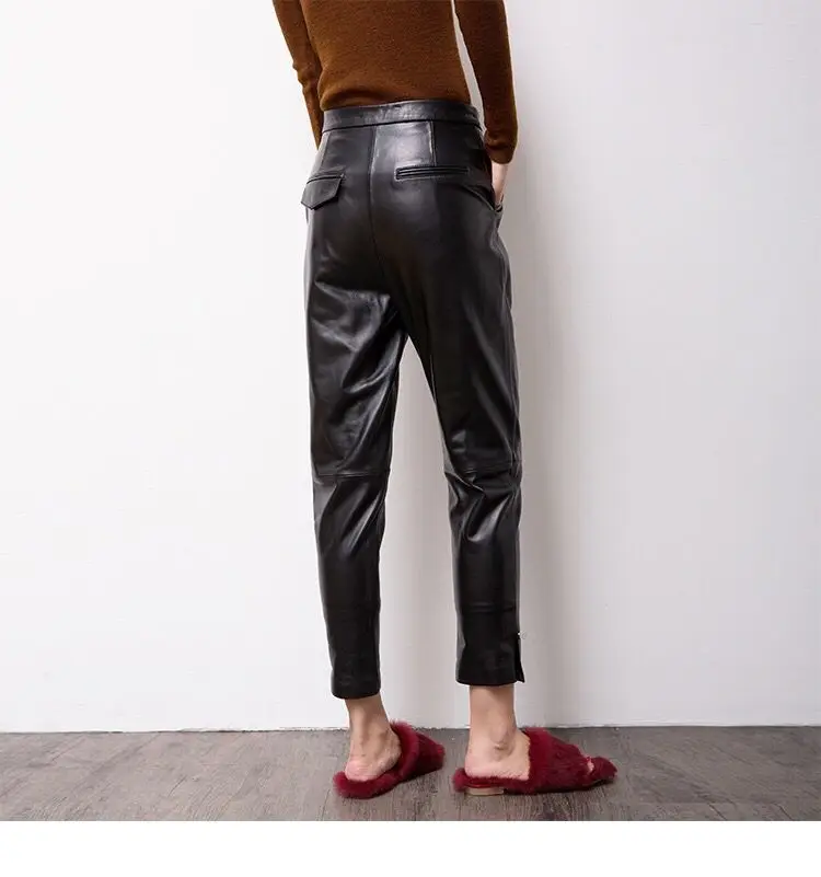 Women pants genuine sheep leather pants High waist black harem pants Elastic belt waist Trousers new fashion