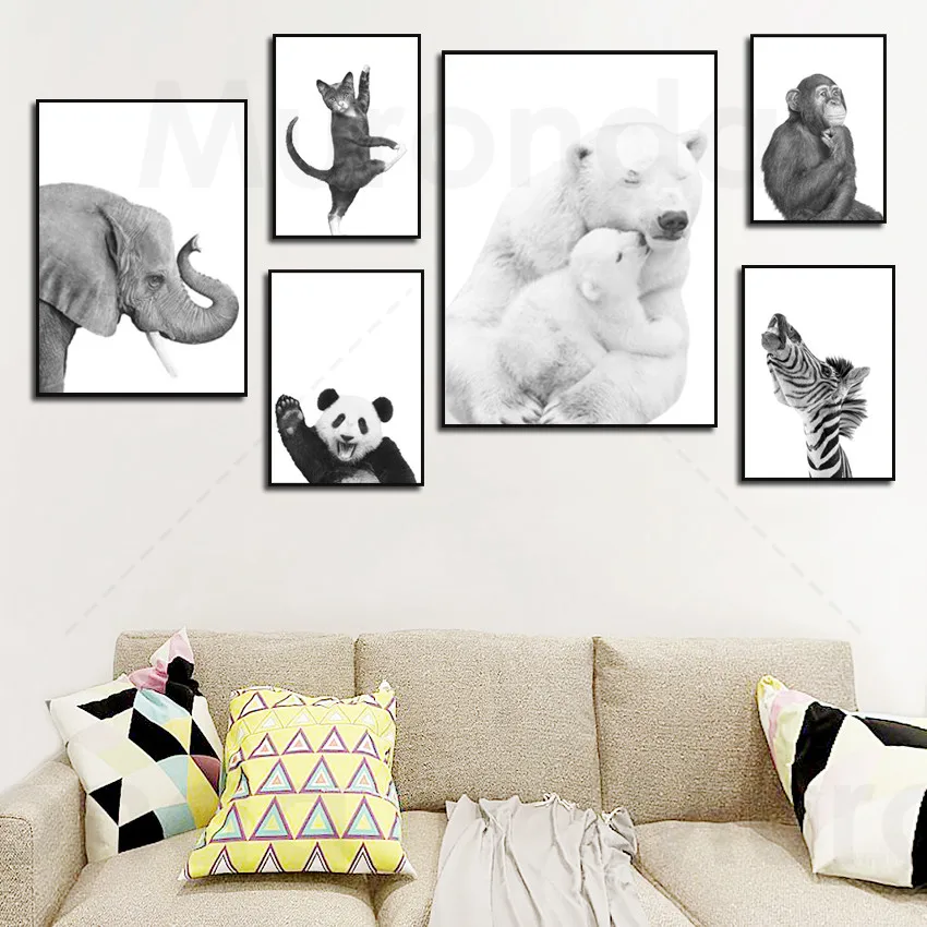 

Black White Animals Poster Polar Bear Monkey Sloth Fox Prints Wall Art Canvas Painting Wall Pictures Kids Room Decor