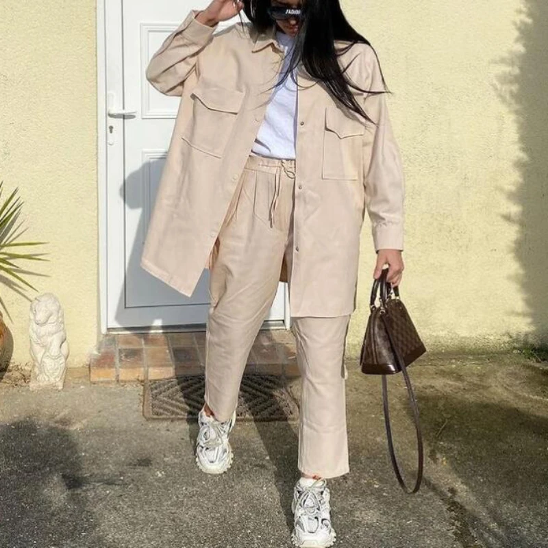 

Holiwind 2021 Women Streetwear Two-Pieces Suit Sets Female Stylish Plus Size Frock Solid Color Pocket