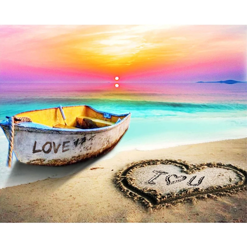Алмазная живопись LZAIQIZG полноразмерная/круглая картина с надписью Love Sea Beach Boat Heart