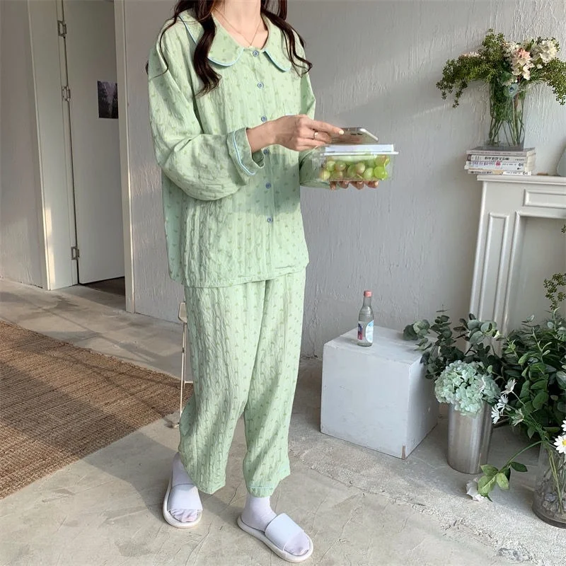 QWEEK Women's Cotton Pajamas Kawaii Doll Collar Heart-shaped Pijamas Solid Color Green Pink Sleepwear Spring Autumn Pyjamas Cute