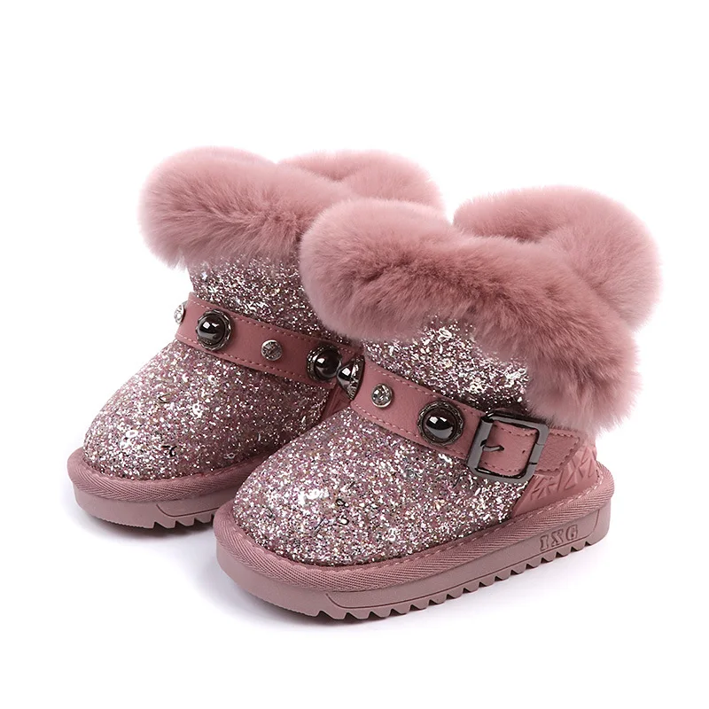 Детские зимние сапоги на кроличьем меху модные с блестками для девочек хлопковые