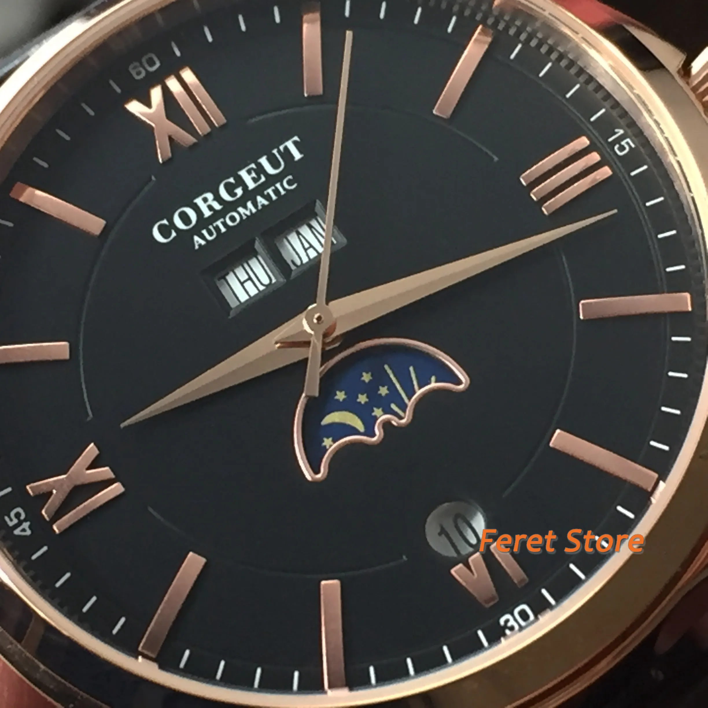 Corgeut Роскошные мужские часы 41 мм золотой чехол черный циферблат дата кожаный
