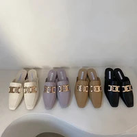 2021 new fashion womens summer shoes slip on mules casual shoes buckle square toe flats brand sandals ladies slippers low heel