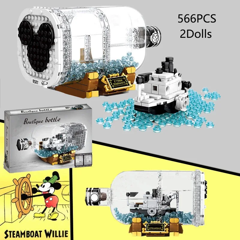 

New 566PCS Classic Cartoon Mickey Mouse Steamboat Willie Boat Building Blocks Ship In Bottle Idea Creator bricks Toys Kid Gift