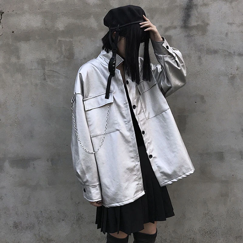 Женская свободная куртка из искусственной кожи Harajuku мягкая Серебряная кожаная