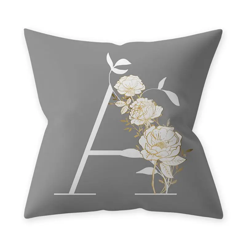 

Alphabet Decorative Pillow Cover Letter Printed Cushion Cover Grey Golden Flower Pillow Cover for Sofa Car Decor Pillowcase S