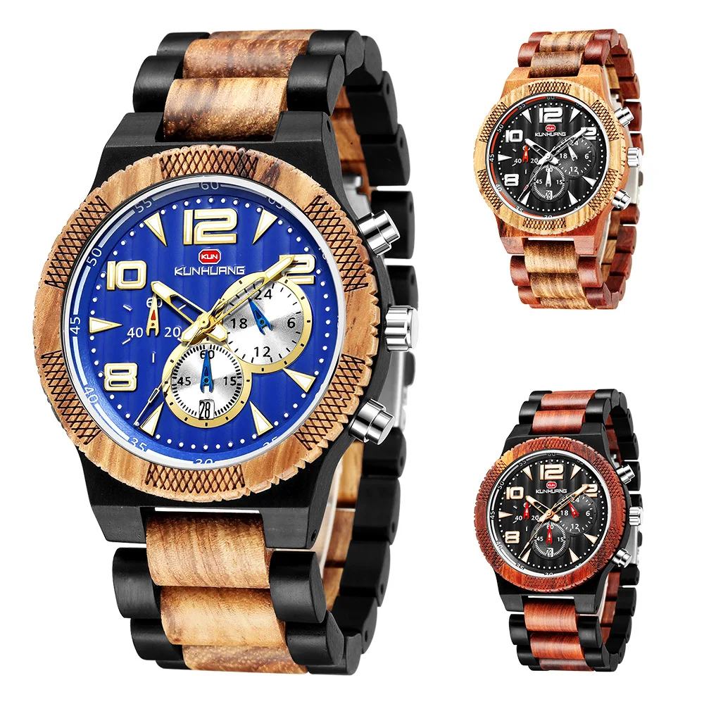 

Men's Watch Large Dial Sports Watches Men Multi-function Sandalwood Quartz WirstWatch with Luminous Wood Watch Relogio Masculino