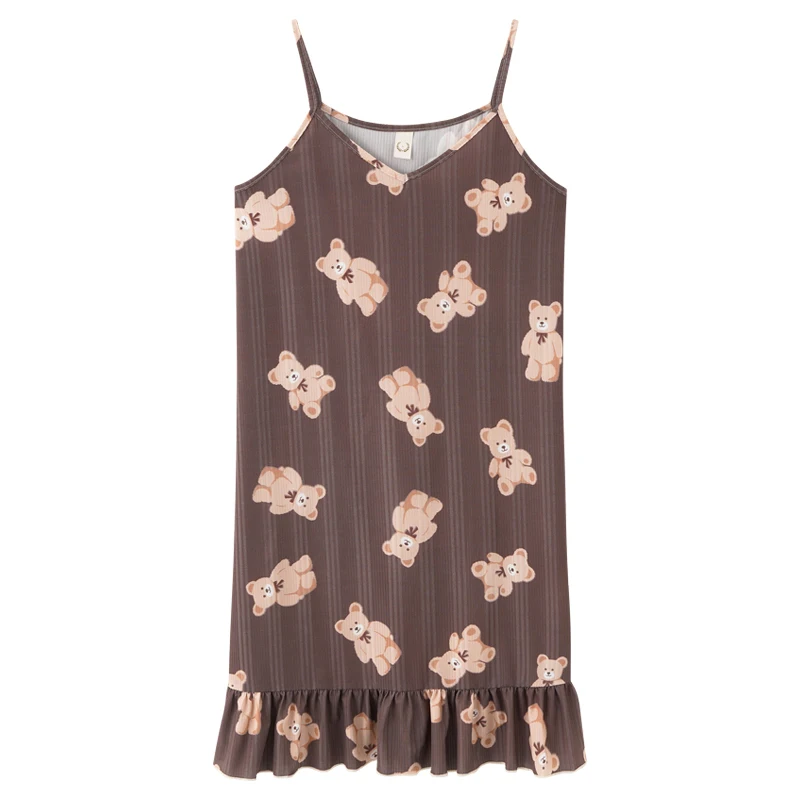 

BZEL 2021 Brown Bear Print Ladies Slim Dresses Summer Thin Sleeveless Female Home Dress Fashional Cute Sweet Ruffles Dress