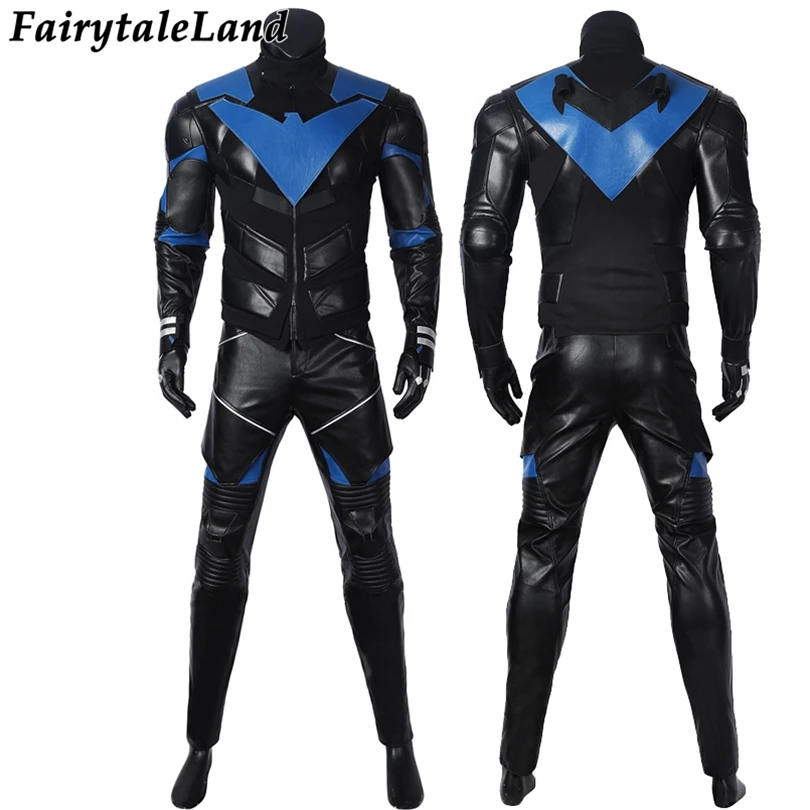 Halloween Cosplay Gotham Knights Nightwing Costume Superhero Dick Grayson Jumpsuit Faux Leather Black Armour Outfit