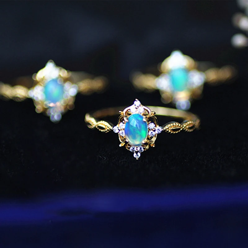 LAMOON 925 Sterling Silver Blue Fire Oval Opal Ring 14K Gold Plated Classic Engagement Rings Fine Jewelry for Women Gift LMRI132 | Украшения
