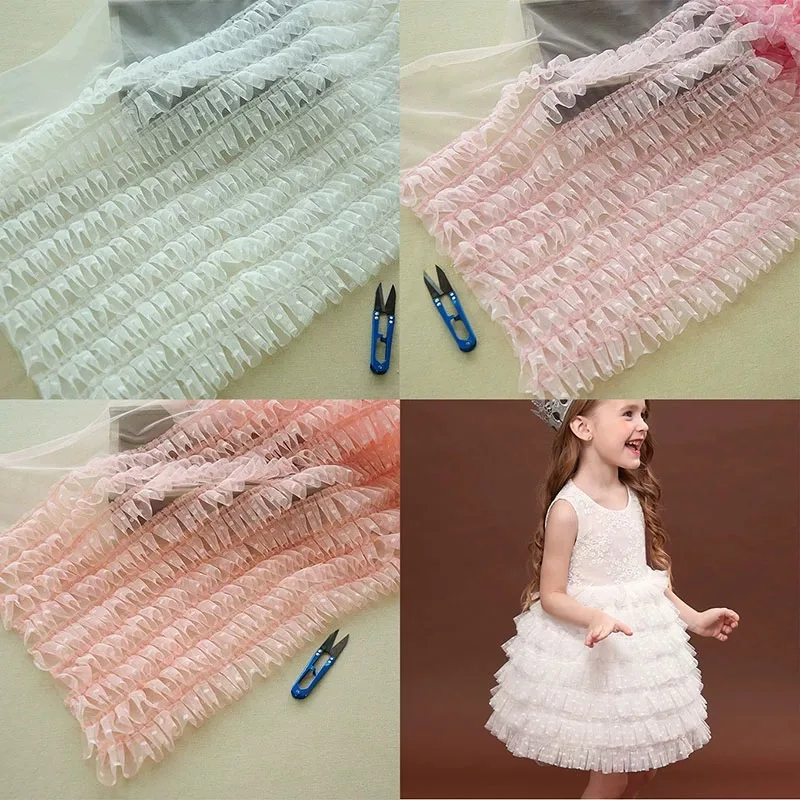 Кружевная ткань 2 м 40 см широкая с оборками подол в горошек плиссированная