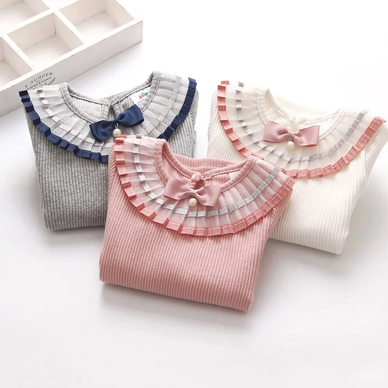 

2021 Spring Autumn 2-12T 100% Cotton White Grey Solid Color Long Sleeve Pleated Turn-Down Collar Neck T Shirt For Girls 10 Years