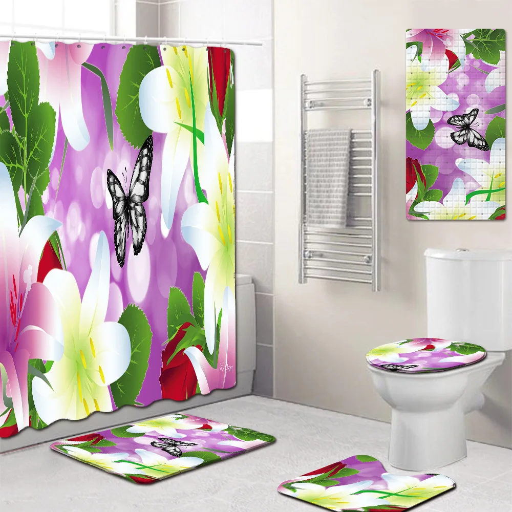 

Flower Shower Curtain Mat Toilet Cover Mat Non-Slip Kitchen Pad Five-Piece Carpet shower curtain set bath mats rugs bathroom