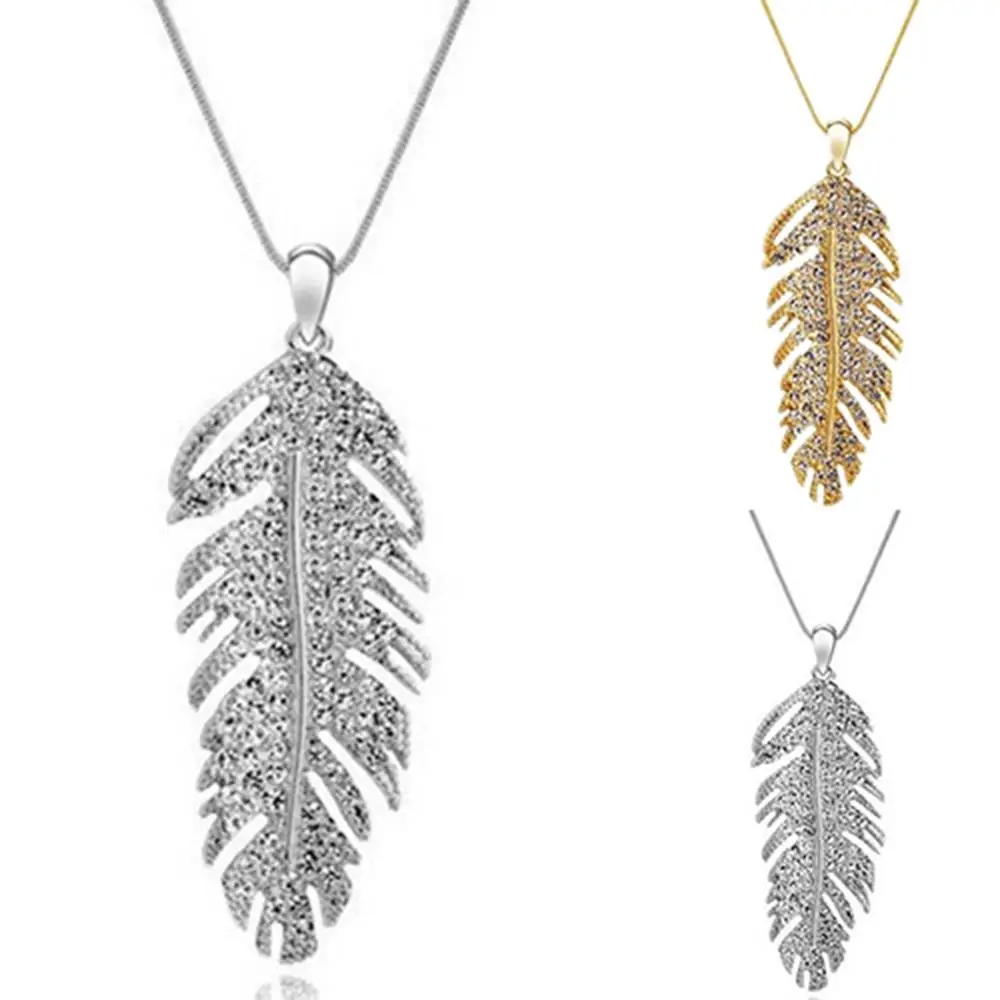 Women's Fashion Bohemian Alloy Rhinestone Feather Pendant Link Chain Vintage Gold Silver Long Necklace Jewelry | Украшения и