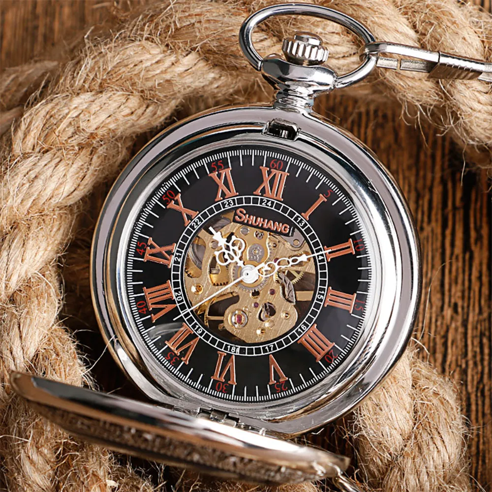 Punk Cool Silver Dragon Hand Winding Mechanical Pocket Watch Roman Numerals Dial Vintage Pendant Manual Mechanism Pocket Clock