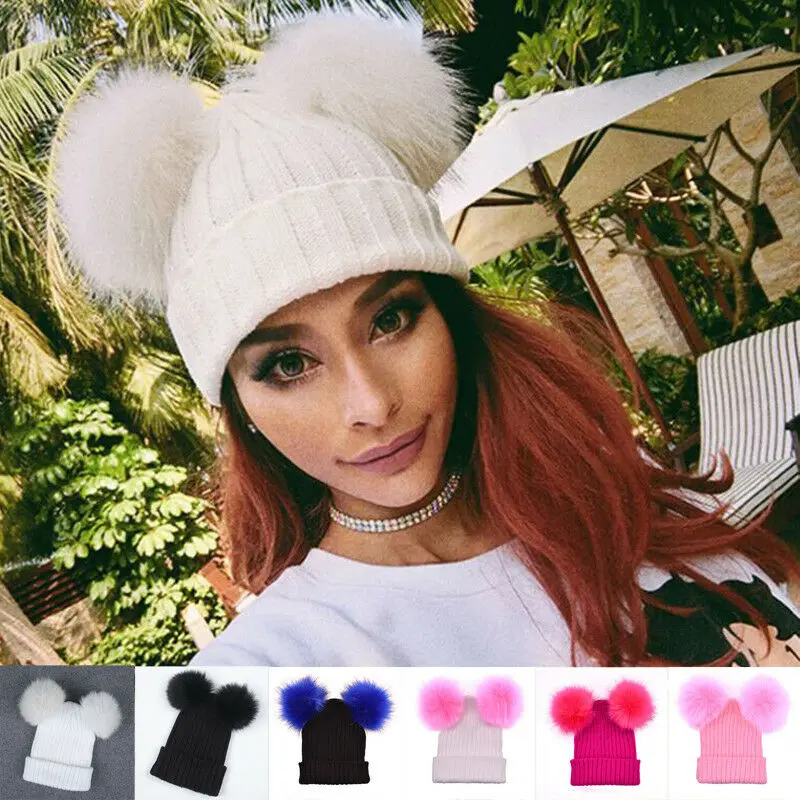

Women Hat Winter Wool Beanie Outdoor Chunky Knit with Double Fur Pom Pom Cute Stretch Beanie Hat
