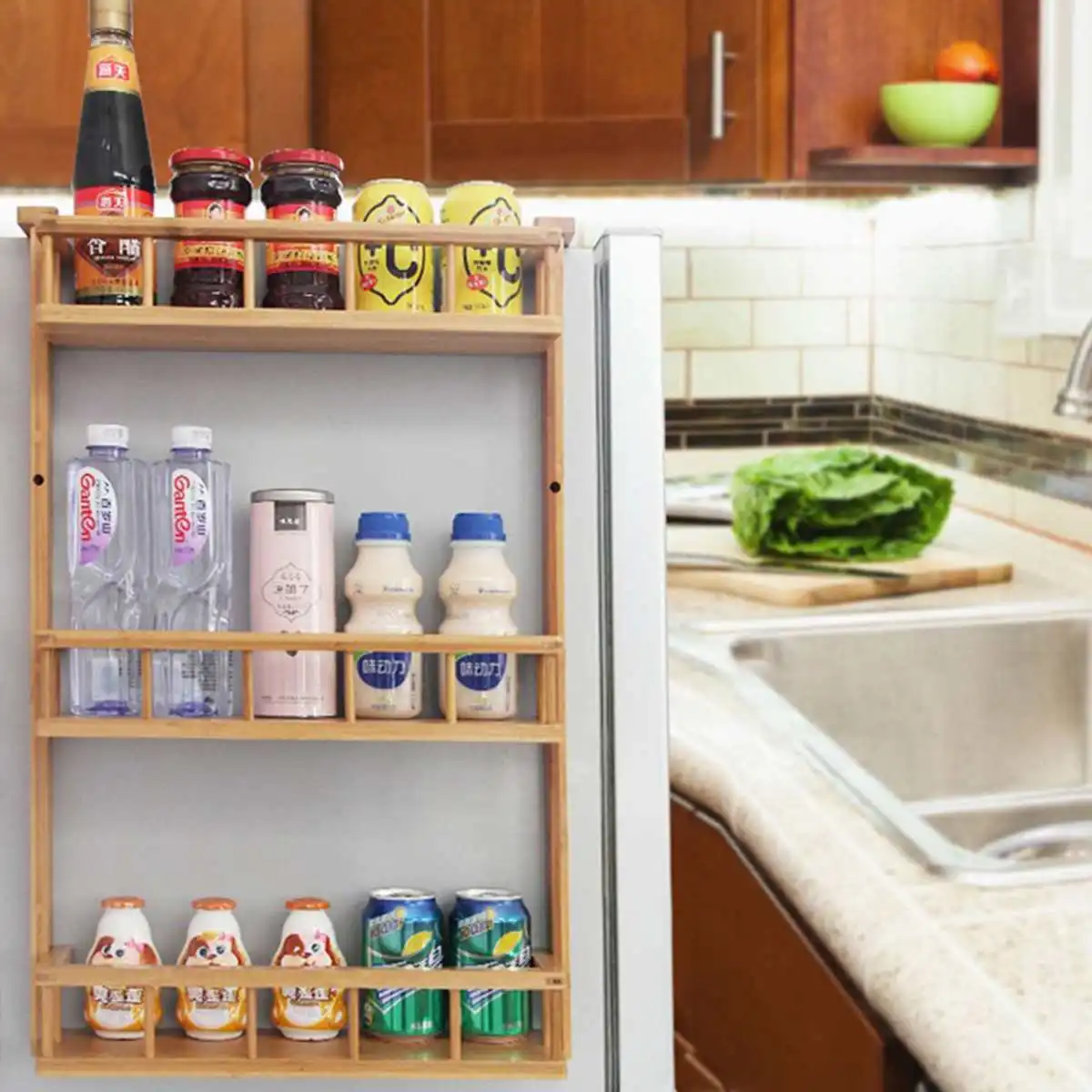 Многослойная бамбуковая регулируемая полка для холодильника боковая стойка